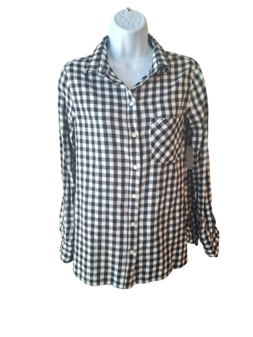Old Navy Womens S Black White Gingham Button Down Shirt Cotton Cottagecore